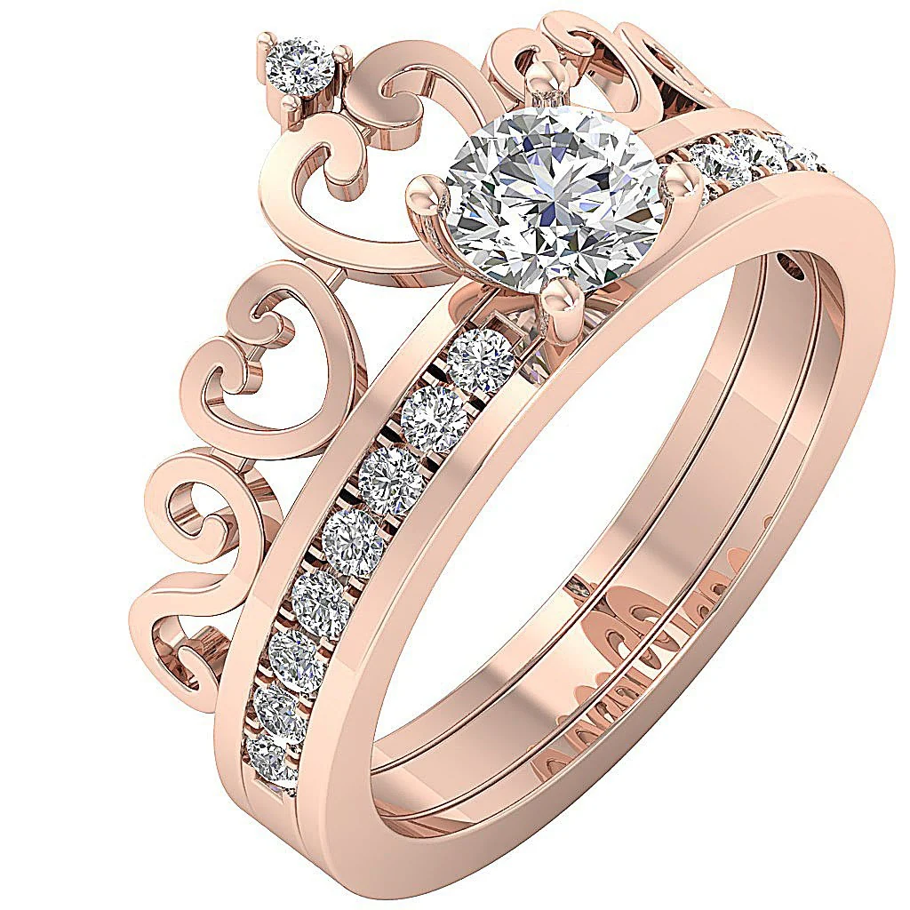 The Everett Beautiful Crown Bridal Wedding Ring Set 14k Solid Gold Round Cut Diamond For Her - Image 8