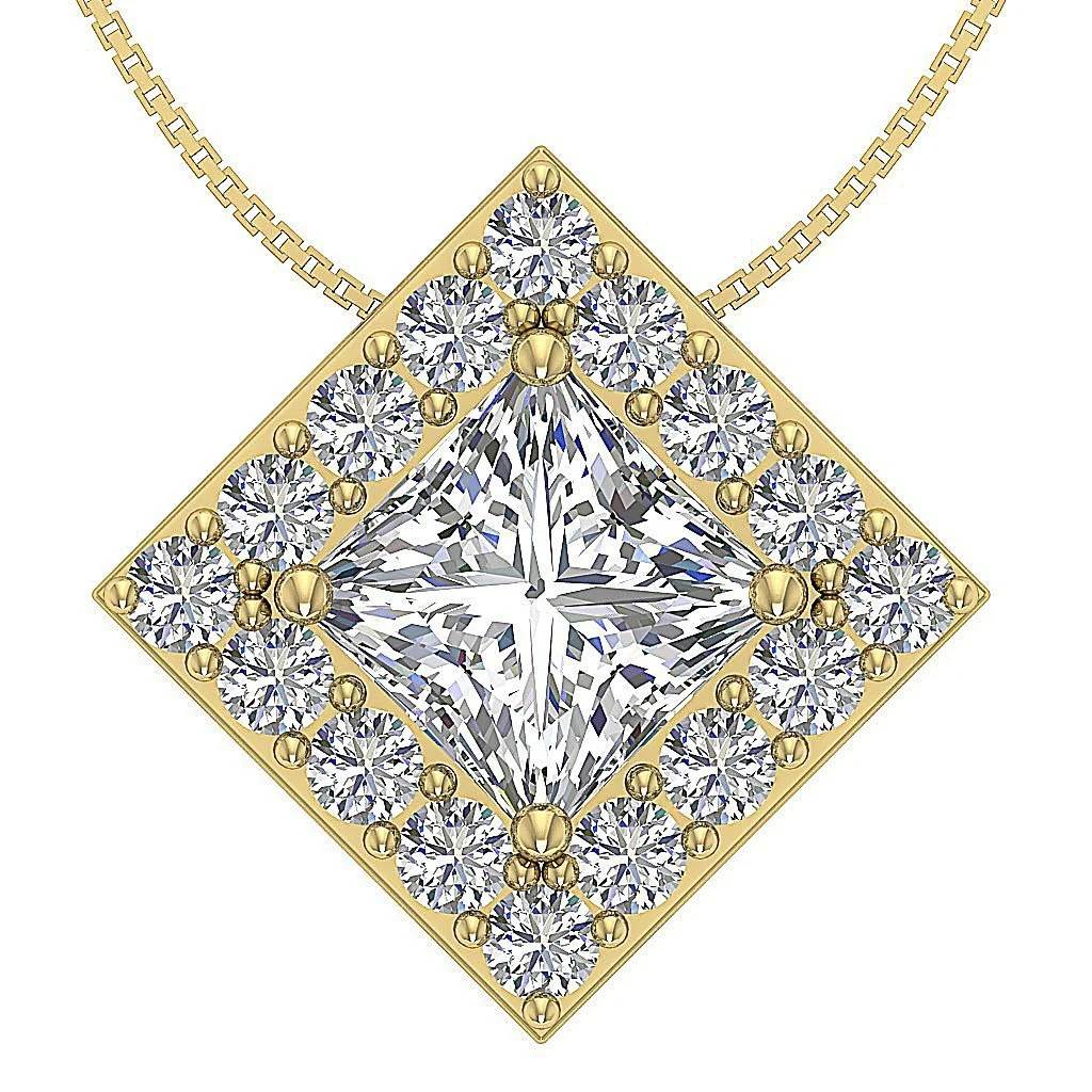 The Francisco Solitaire Princess Round Diamond Halo Pendant Necklace 14k Rose Gold - Image 3