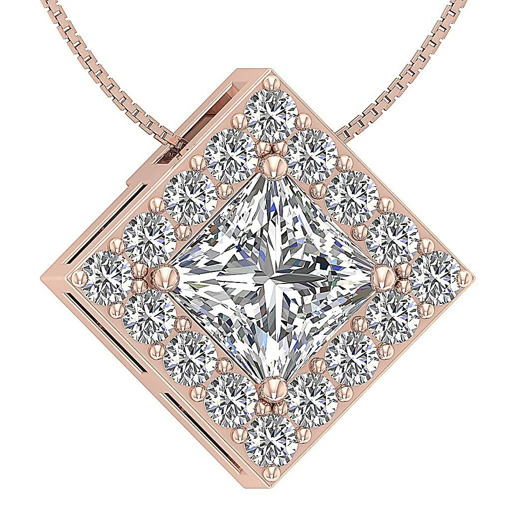 The Francisco Solitaire Princess Round Diamond Halo Pendant Necklace 14k Rose Gold - Image 4