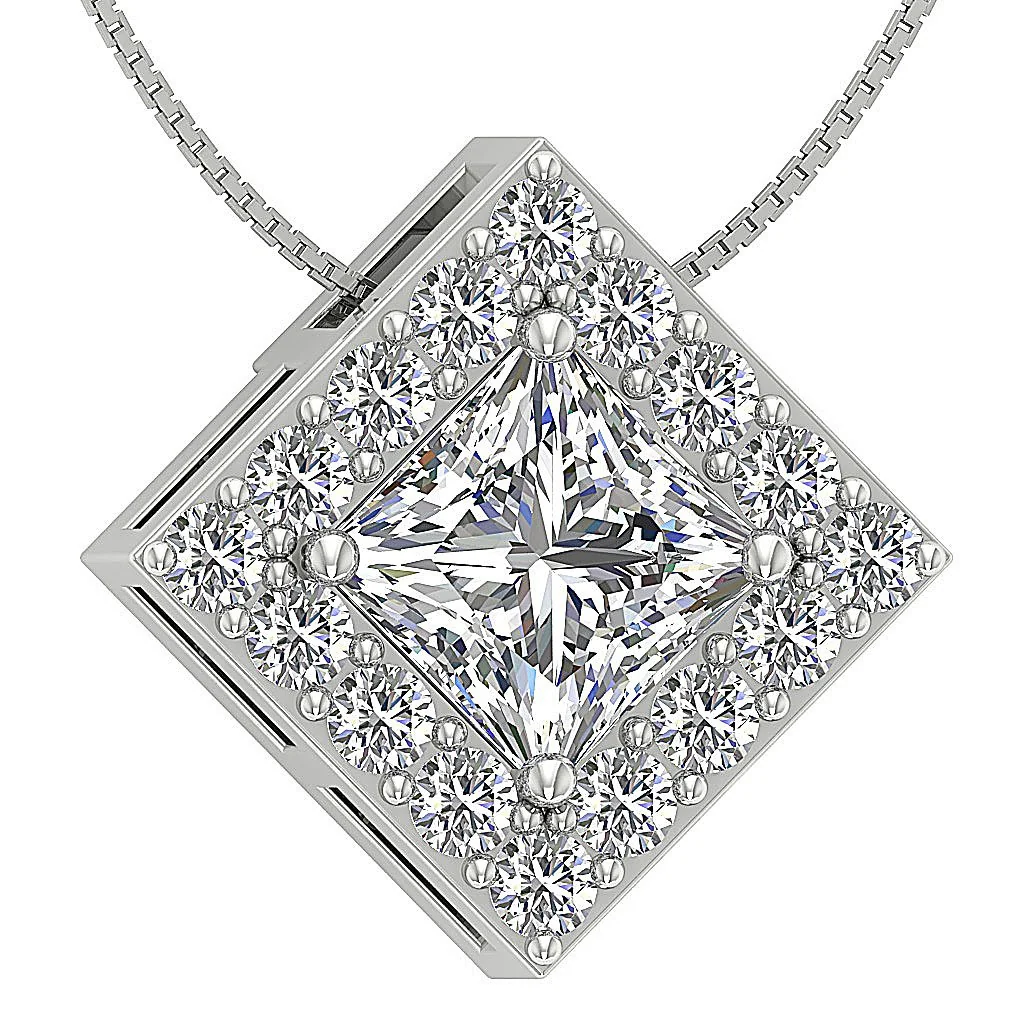 The Francisco Solitaire Princess Round Diamond Halo Pendant Necklace 14k Rose Gold - Image 6