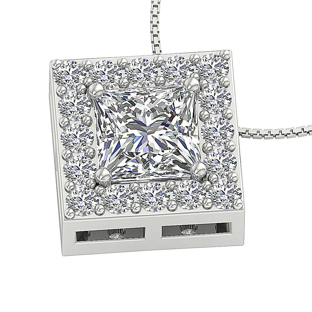 The Francisco Solitaire Princess Round Diamond Halo Pendant Necklace 14k Rose Gold - Image 7