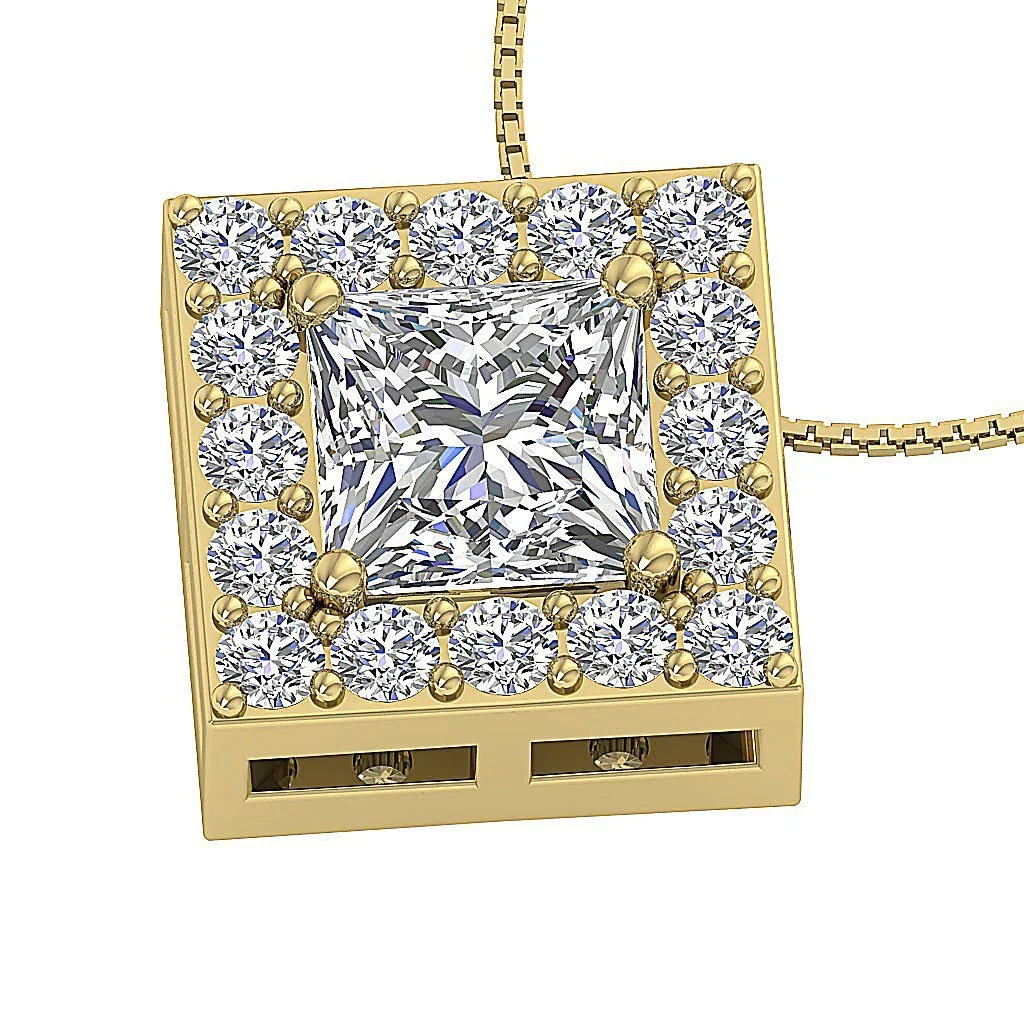 The Francisco Solitaire Princess Round Diamond Halo Pendant Necklace 14k Rose Gold - Image 8