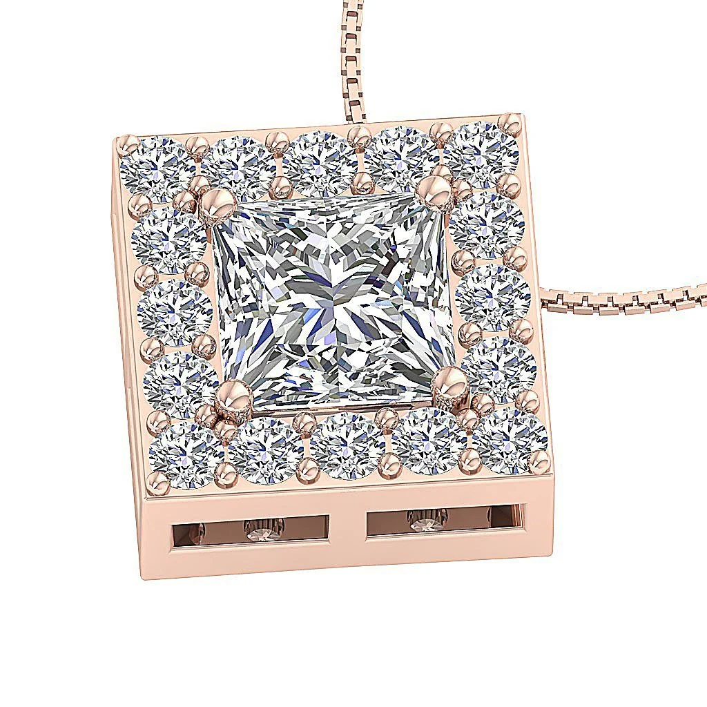 The Francisco Solitaire Princess Round Diamond Halo Pendant Necklace 14k Rose Gold - Image 9