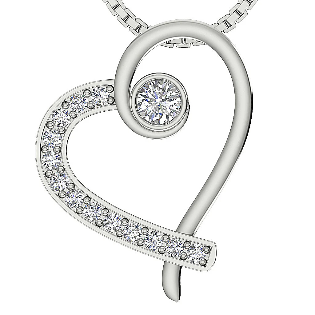The Gideon Elegant Round Diamond Sweet Love Heart Pendant 14K Solid White Gold