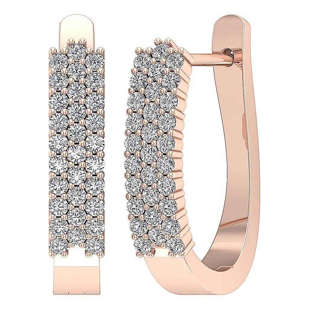 The Grant 3 Row Medium Hoops Earring Round Cut Diamond Prong Set 14K Solid Gold