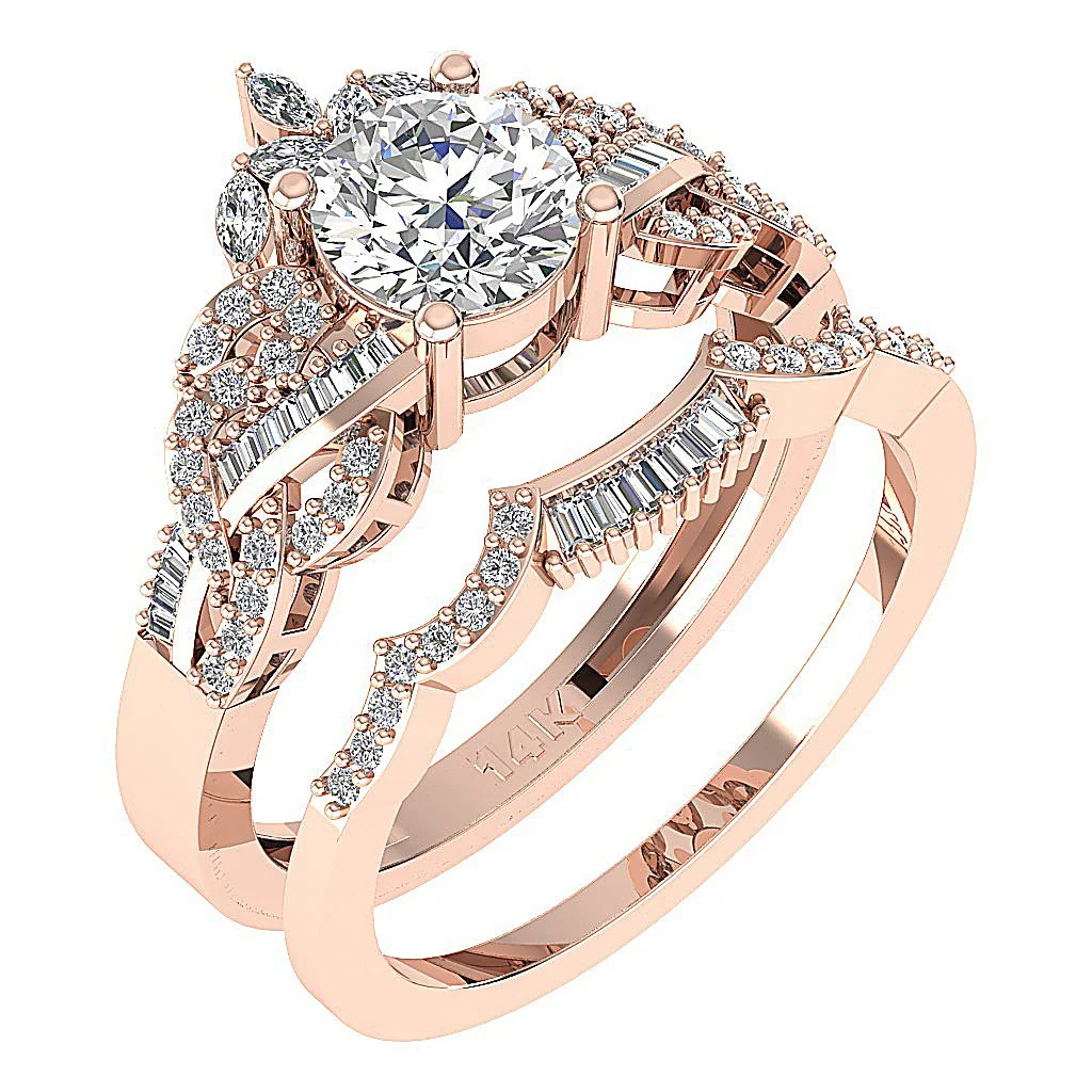 The Jayce Natural Round Marquise Baguette Diamond 14k Gold Bridal Anniversary Ring Set - Image 3
