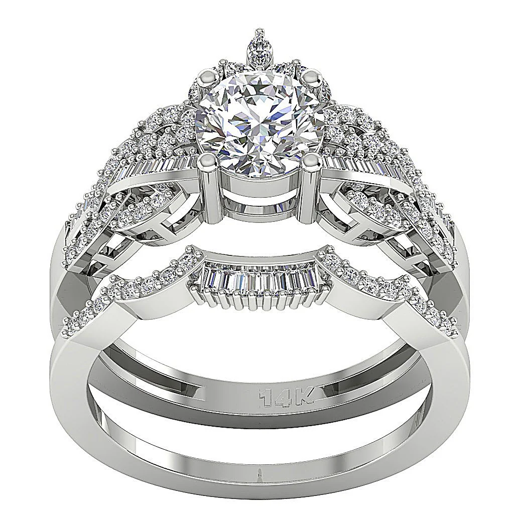 The Jayce Natural Round Marquise Baguette Diamond 14k Gold Bridal Anniversary Ring Set - Image 4