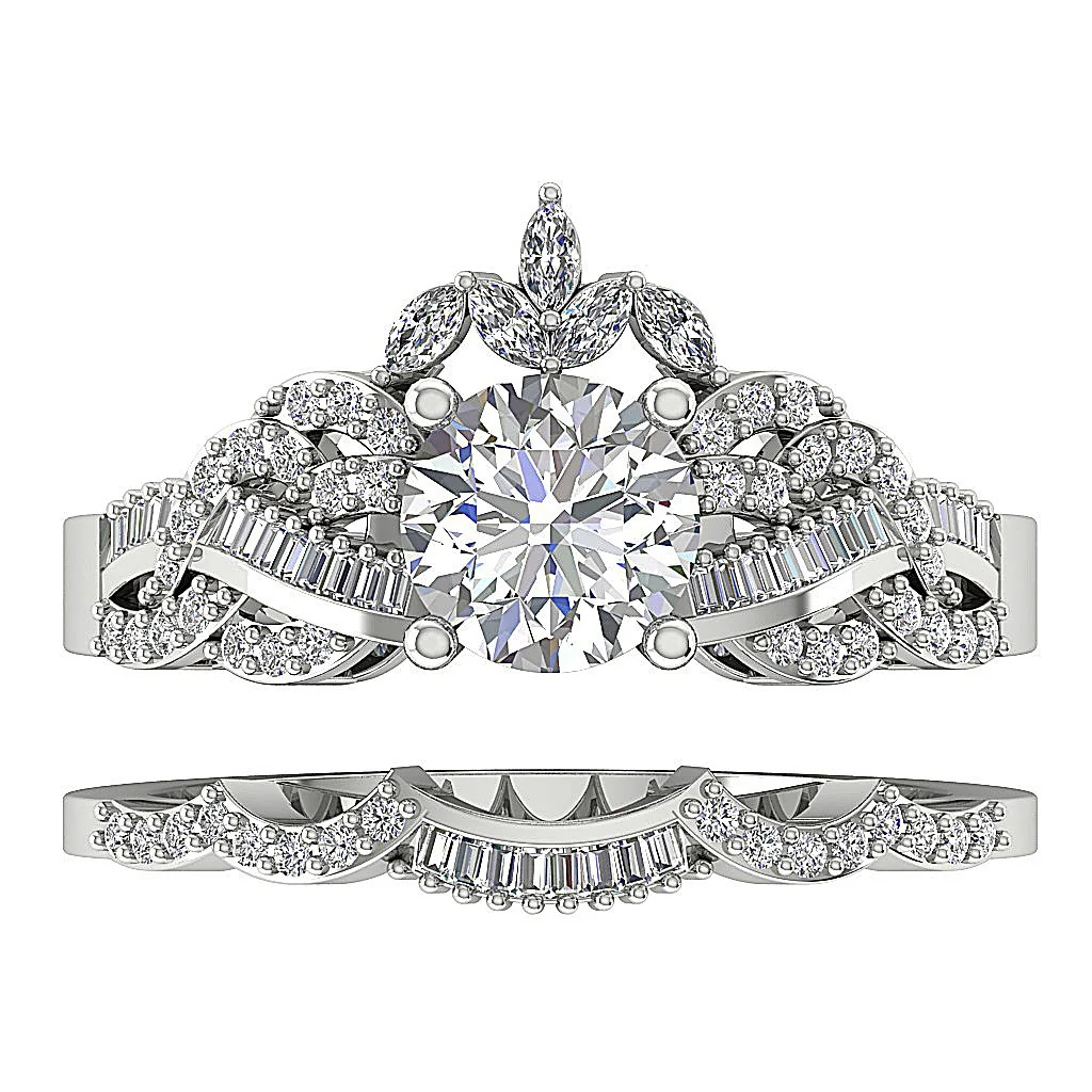 The Jayce Natural Round Marquise Baguette Diamond 14k Gold Bridal Anniversary Ring Set - Image 6