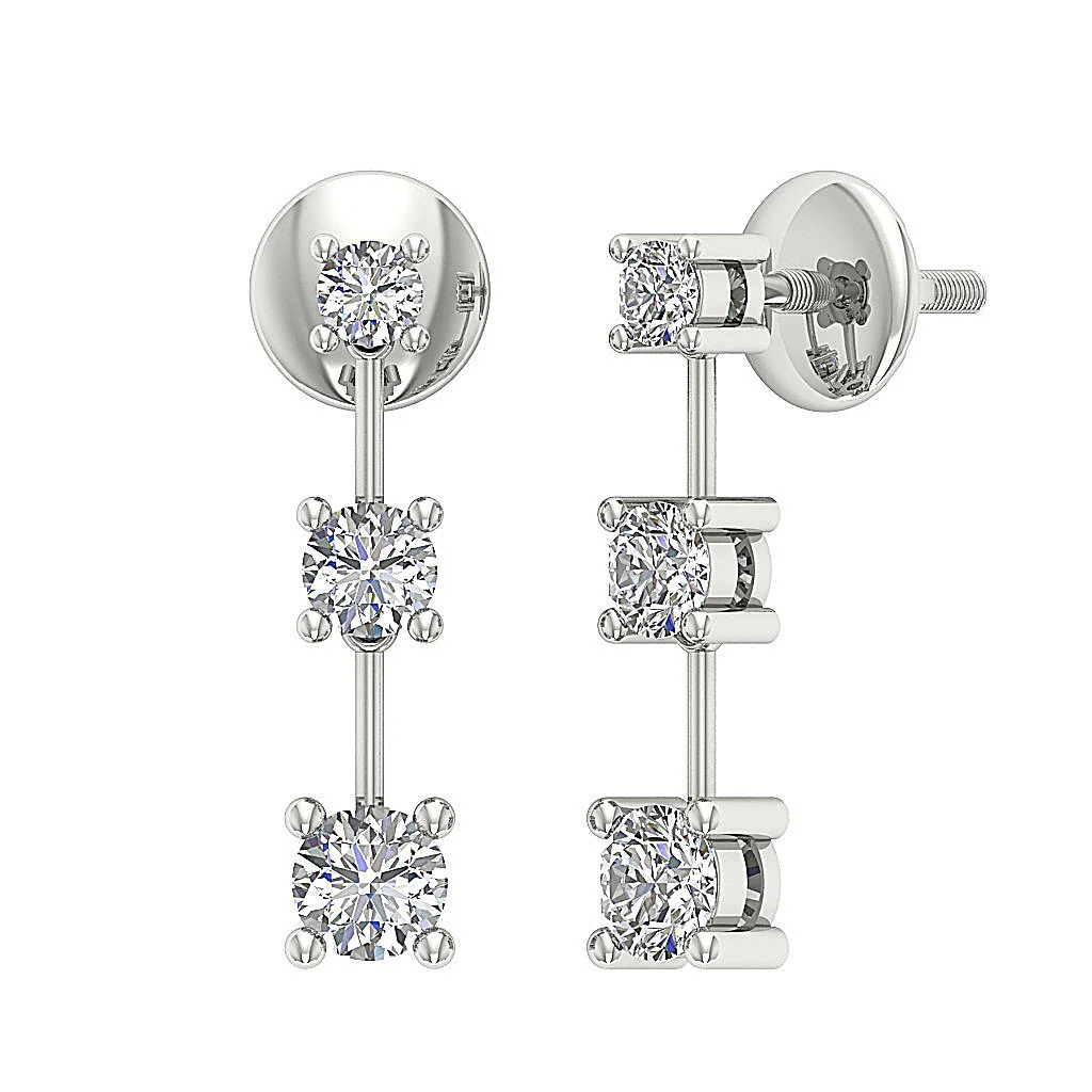 The John 3 Stone Round Cut Diamond Dangle Earring 14K White Gold 0.60 Inch