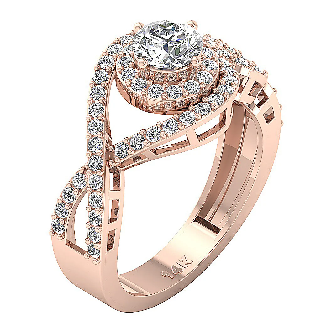 The Kingsley Genuine Diamond 14k Rose Gold Split Shank Halo Solitaire Engagement Ring