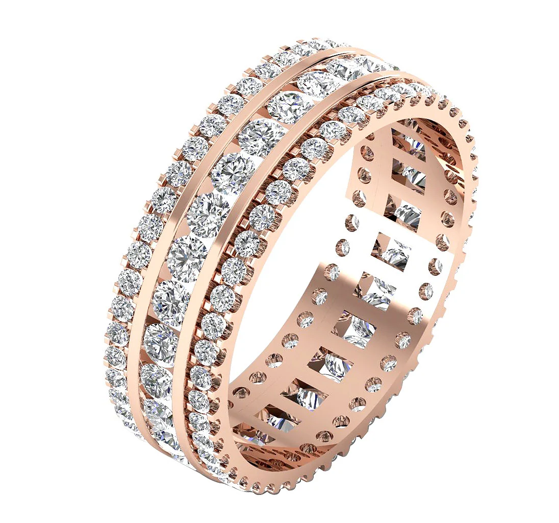 The Kobe Prong & Channel Set Three Row Yellow Gold Round Diamond Eternity Wedding Ring - Image 4