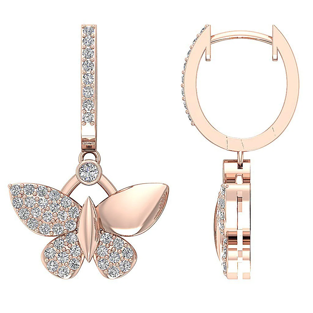 The Luca Fancy Butterfly Dangle Earring Rose Gold Round Cut Diamond Prong Set - Image 10