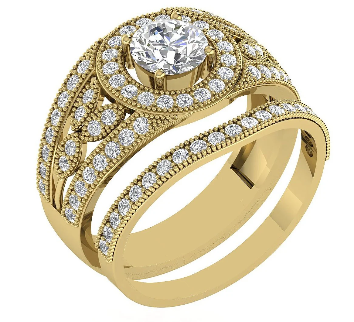 The Luka Round Cut Diamond Prong Set Milgrain Halo Bridal Wedding Ring Band Set Yellow Gold