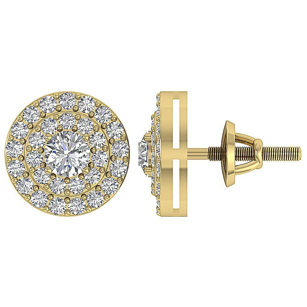 Double Halo Stud Screw Back Earring I1 G 1.00Ct Solitaire Diamond 14K Solid Yellow Gold - Image 11