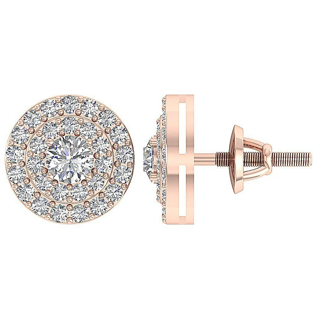 Double Halo Stud Screw Back Earring I1 G 1.00Ct Solitaire Diamond 14K Solid Yellow Gold - Image 12