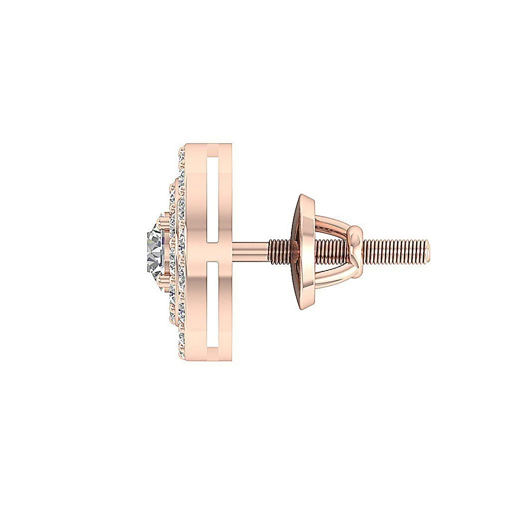 Double Halo Stud Screw Back Earring I1 G 1.00Ct Solitaire Diamond 14K Solid Yellow Gold - Image 9