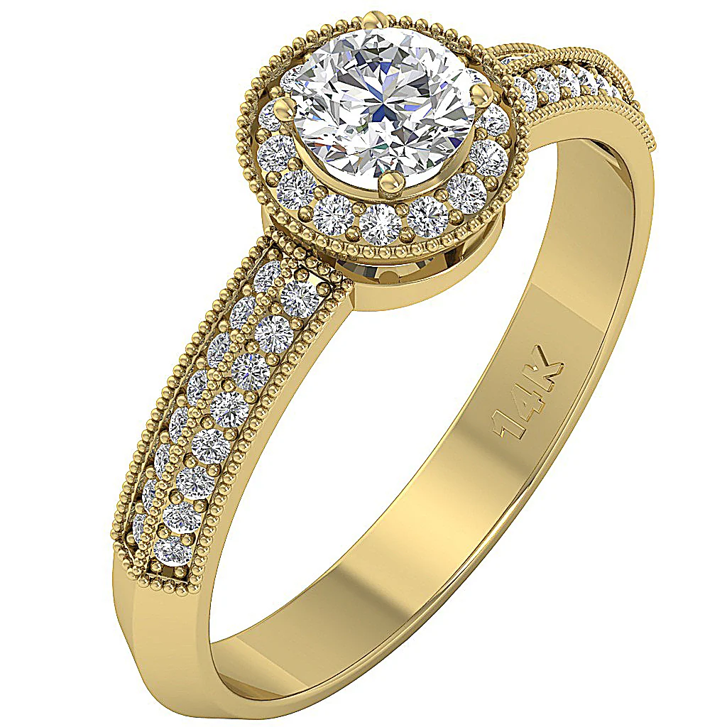 The Mary Milgrain Halo Round Diamond Solitaire Engagement Ring 14k Yellow Gold