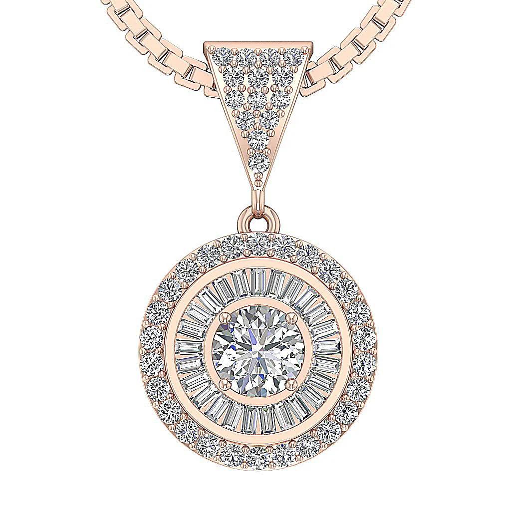 The Owen Solitaire Round Baguette Diamond 14k Solid Gold Halo Circle Pendant With Chain - Image 3