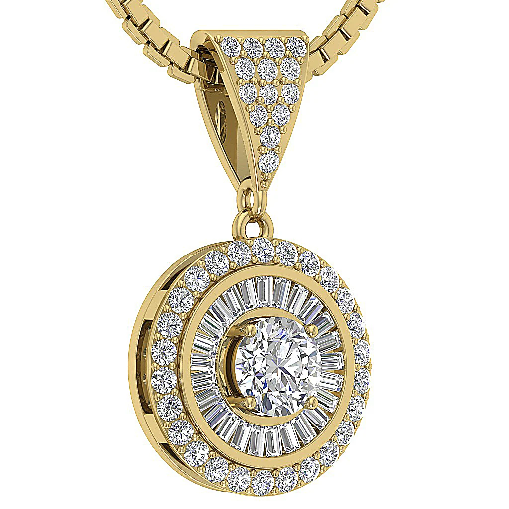 The Owen Solitaire Round Baguette Diamond 14k Solid Gold Halo Circle Pendant With Chain - Image 5
