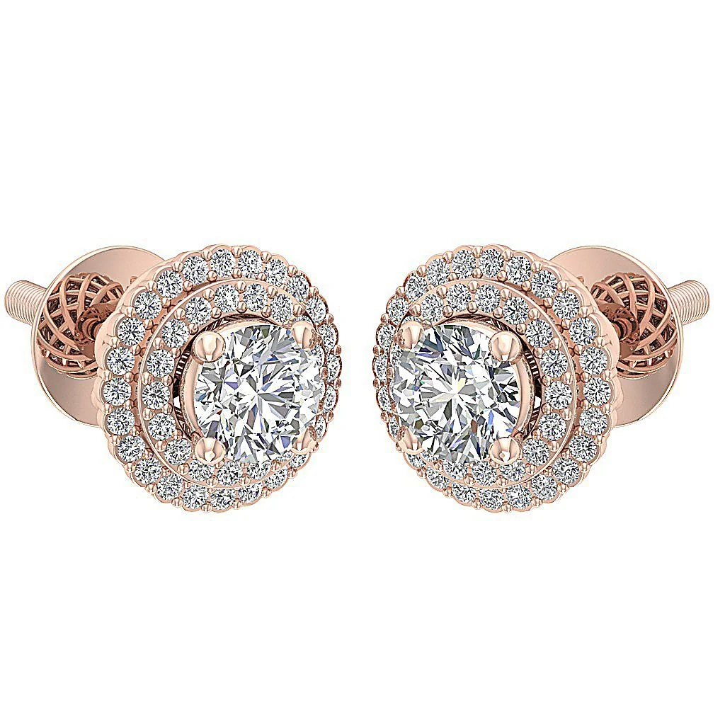 Natural Diamond I1 G 1.50Ct Double Halo Solitaire Stud Earring Screw Back Rose Gold - Image 7