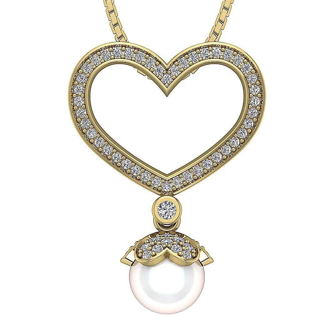 The Raymond Beautiful Heart With Pearl Pendant Gold Natural Diamond Prong and Bezel Setting