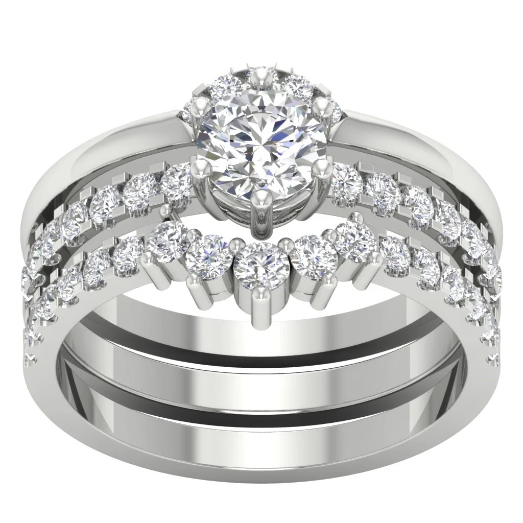 The Rhett Elegant Triple Bridal Ring Wedding Band Set Natural Diamond Prong Set White Gold