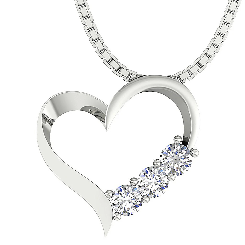 The Rowan 3 Stone Love Of Heart Classic Round Diamond Pendant 14K Solid Gold Prong Set