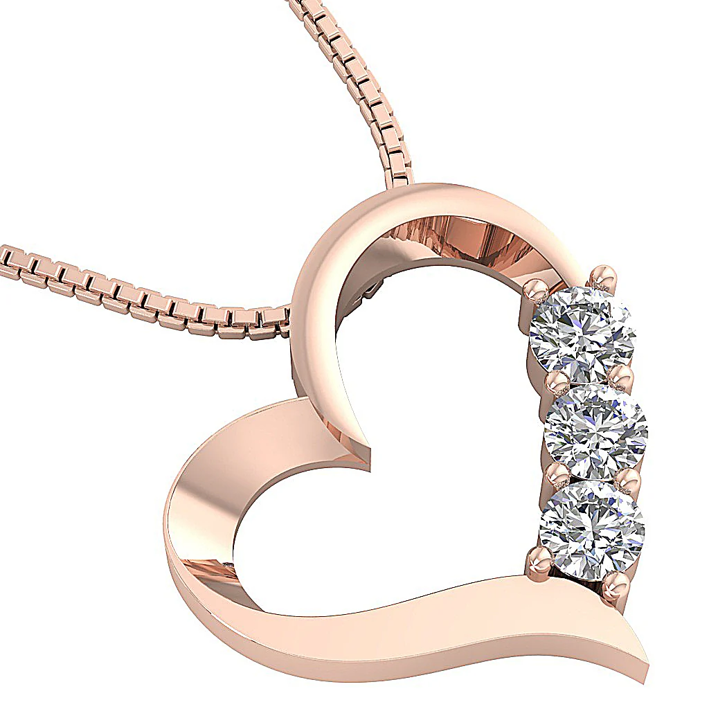 The Rowan 3 Stone Love Of Heart Classic Round Diamond Pendant 14K Solid Gold Prong Set - Image 12