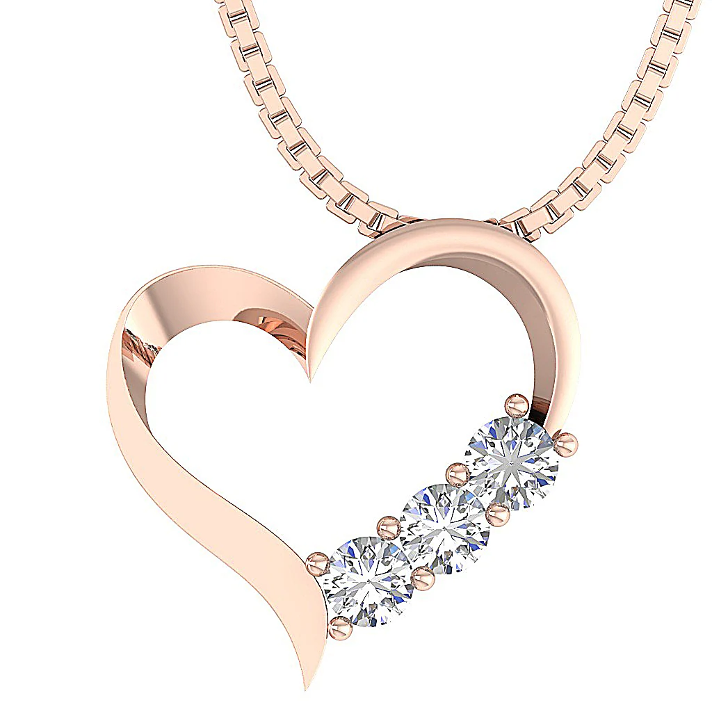 The Rowan 3 Stone Love Of Heart Classic Round Diamond Pendant 14K Solid Gold Prong Set - Image 3