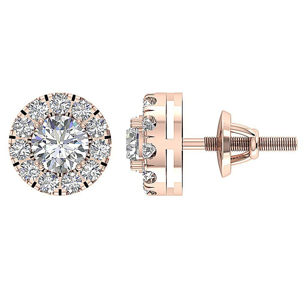 I1/SI1 G 1.15Ct Genuine Diamond Solitaire Halo Studs Earrings Screw Back Rose Gold - Image 12