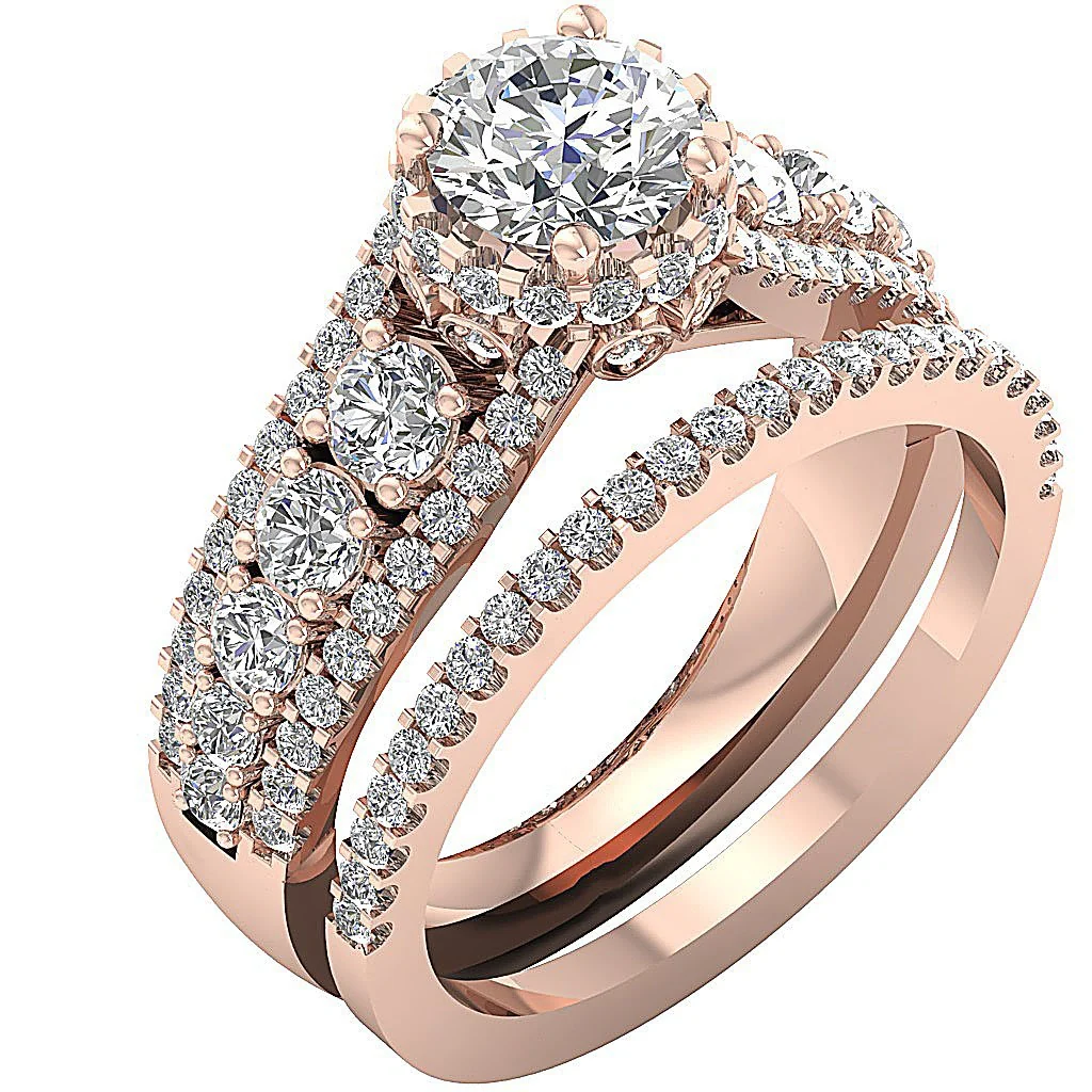 The Sophia Gorgeous Bridal Halo Engagement Ring Set Natural Diamond 14k Rose Gold