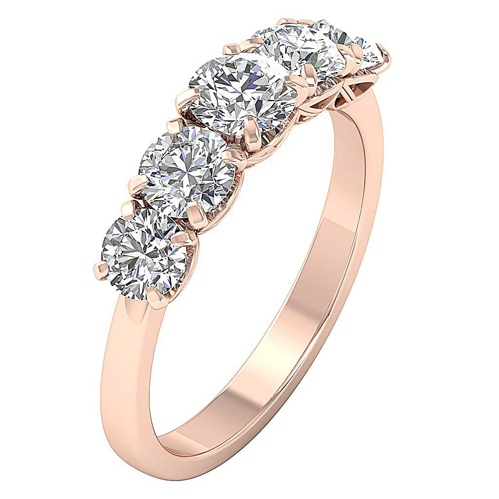 The Valentino 4 Prong Set Multi Round Diamond Five Stone Anniversary Ring Rose Gold Band