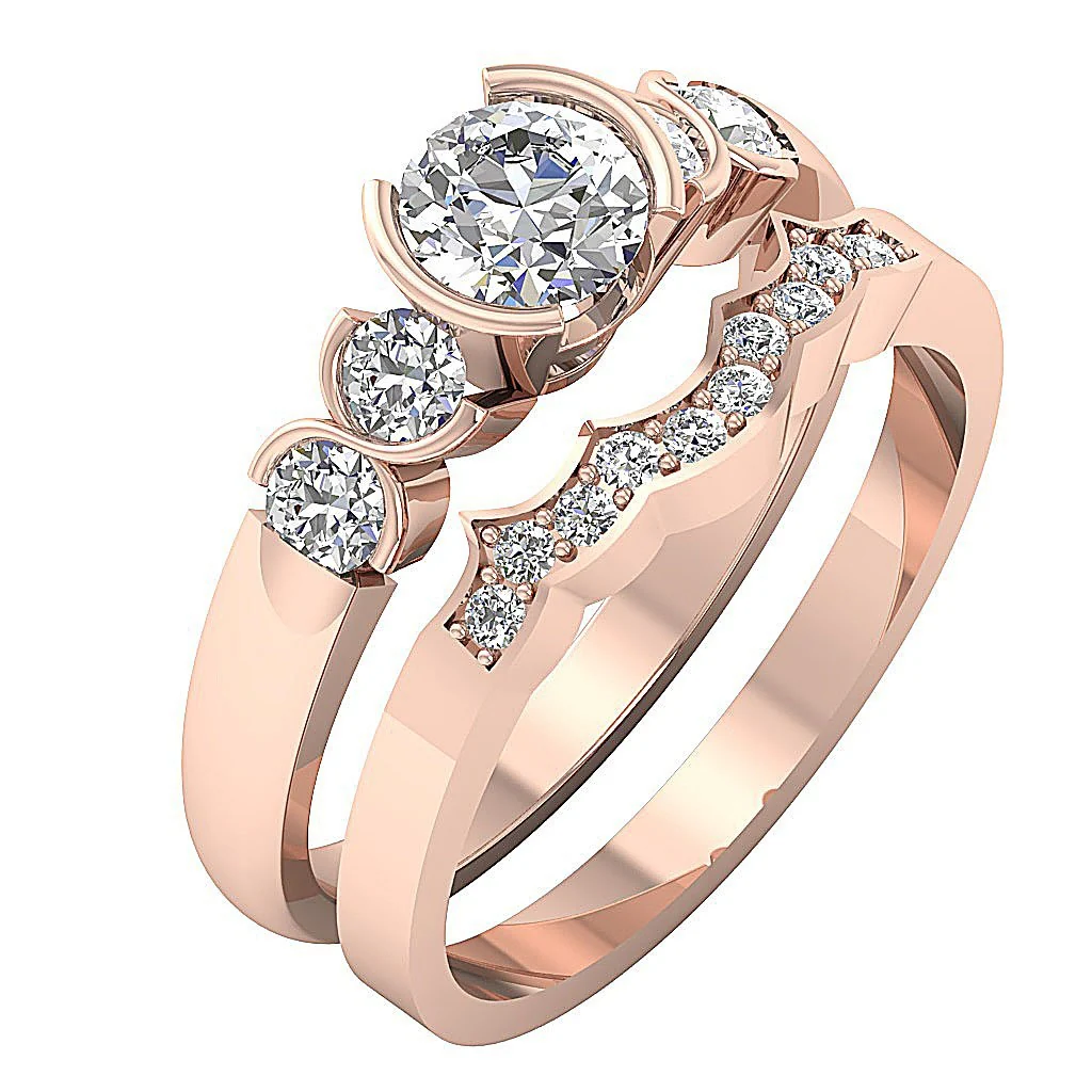 The Xander Semi Bezel Prong Set Round Diamond Bridal Matching Wedding Ring Set Yellow Gold - Image 3