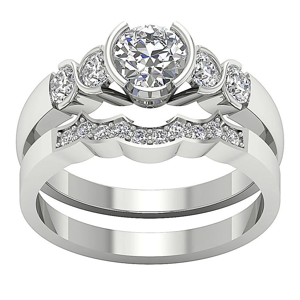 The Xander Semi Bezel Prong Set Round Diamond Bridal Matching Wedding Ring Set Yellow Gold - Image 4