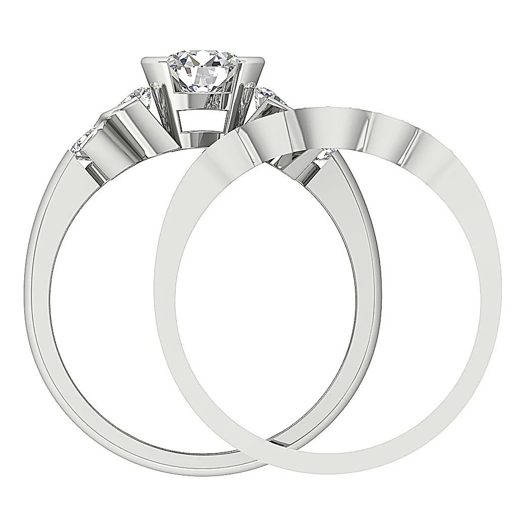The Xander Semi Bezel Prong Set Round Diamond Bridal Matching Wedding Ring Set Yellow Gold - Image 5
