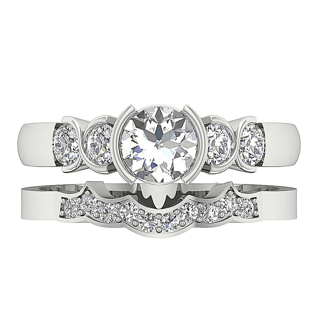 The Xander Semi Bezel Prong Set Round Diamond Bridal Matching Wedding Ring Set Yellow Gold - Image 6
